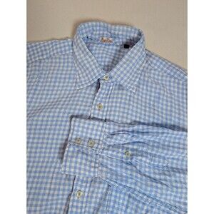 Boden Mens 100% Linen Blue Gingham Check Plaid Shirt Size Large Resortwear Beach
